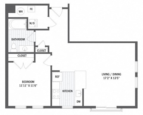 Floor plan for 1 bed, 1 bath, 735 sqft
